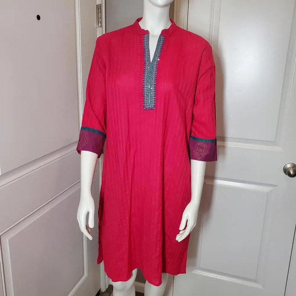 Beautiful Fuscia Cotton Kurti Tunic Sequin Embellished Women's Size XL 101cm - Picture 5 of 16